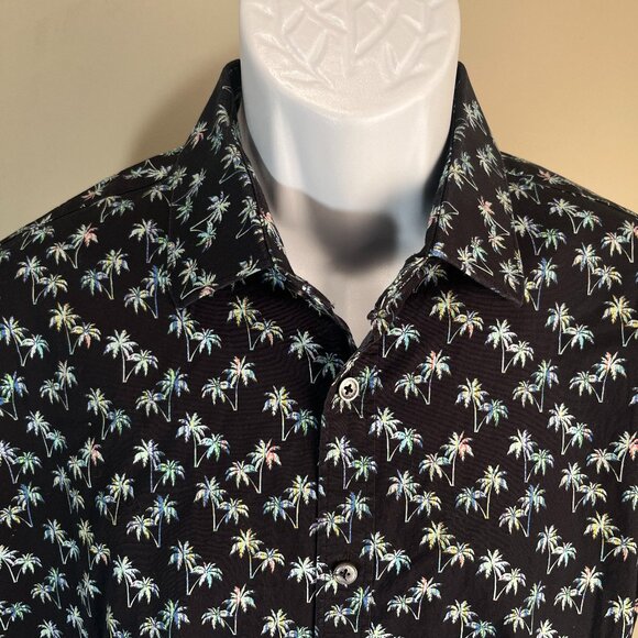 BUGATCHI Men's black with palm trees Comfort Stretch short sleeve shirt Large L - Picture 1 of 5